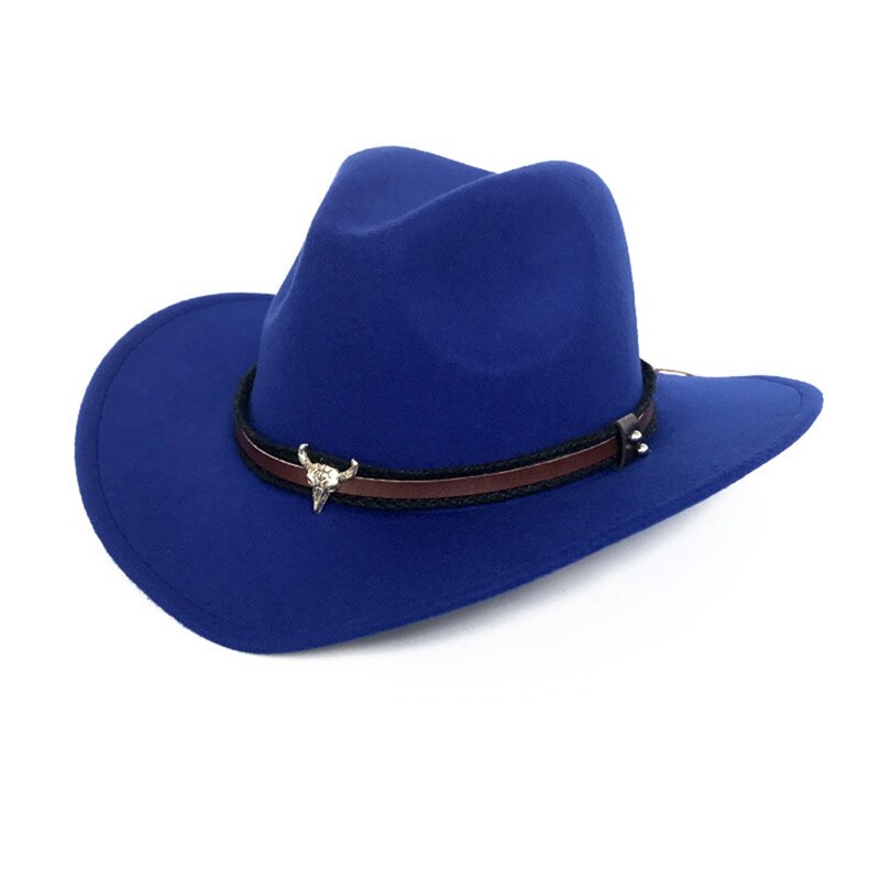 Kvinder mænd uld klassisk western cowboy hat roll-up bred kant rand punk læder bælte jazz cap med tauren læder bælte cowboy hat