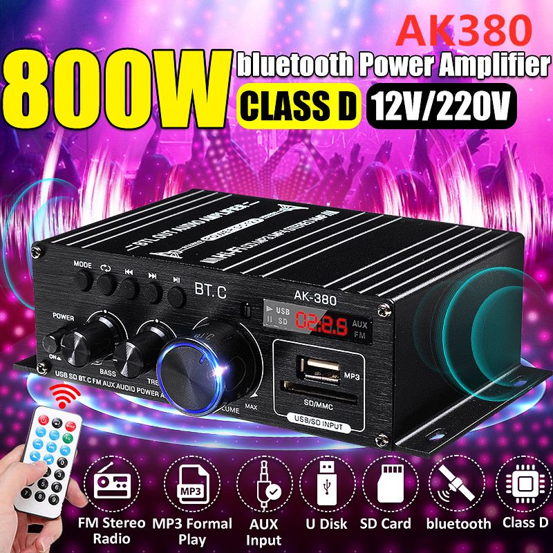 AK380//370/270/170 800W 12V Hifi Versterker Stereo Thuis Auto Bass Audio Amp Auto Speaker klasse D Auto Thuis Geluid Power Amp: AK380 buthooth