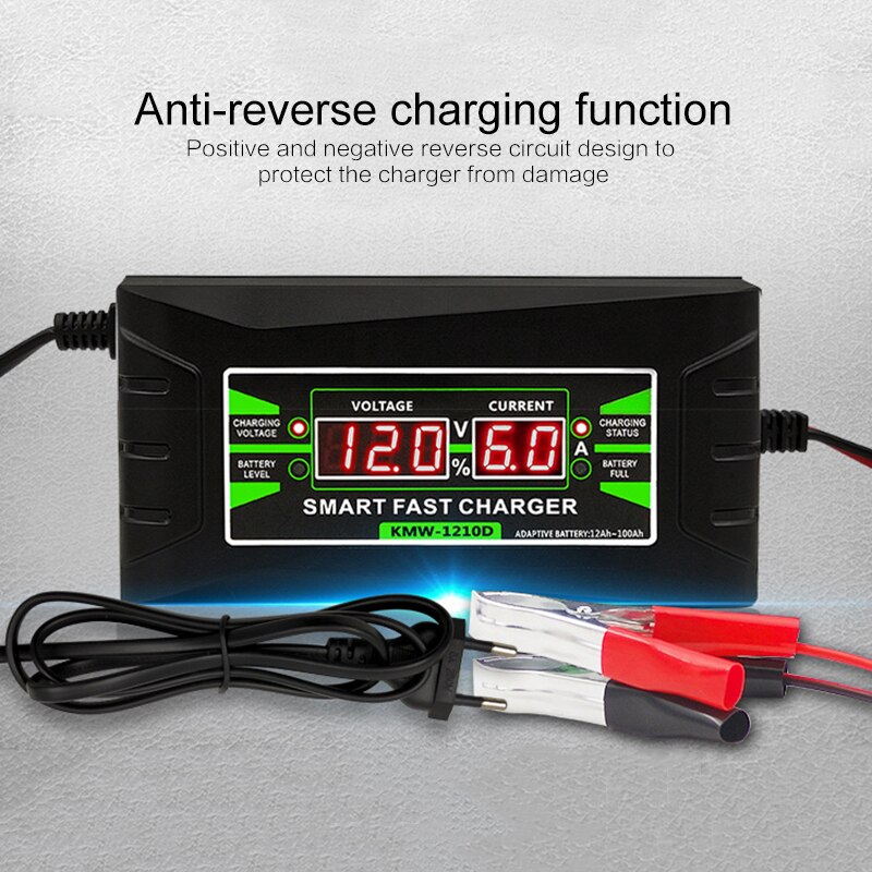 Full Automatic Car Battery Charger 90V To 260V To 12V 6A Intelligent Fast Power Charging Wet Dry Lead Acid Digital LCD