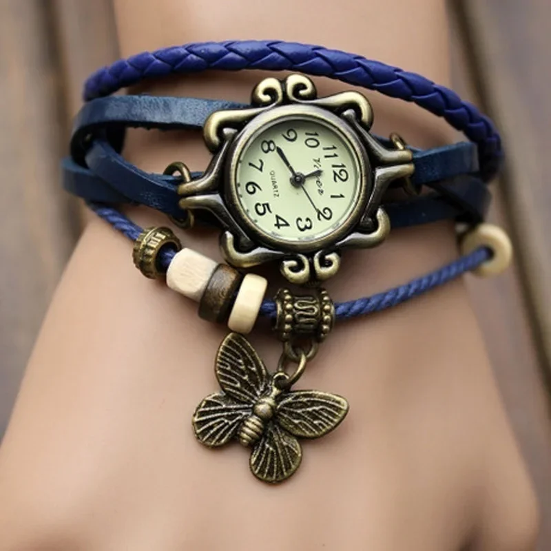 Vintage læder håndvævet dameur antik kobber tynd rem armbånd dameur med vedhæng udsøgt trendy kvartsur: Blå