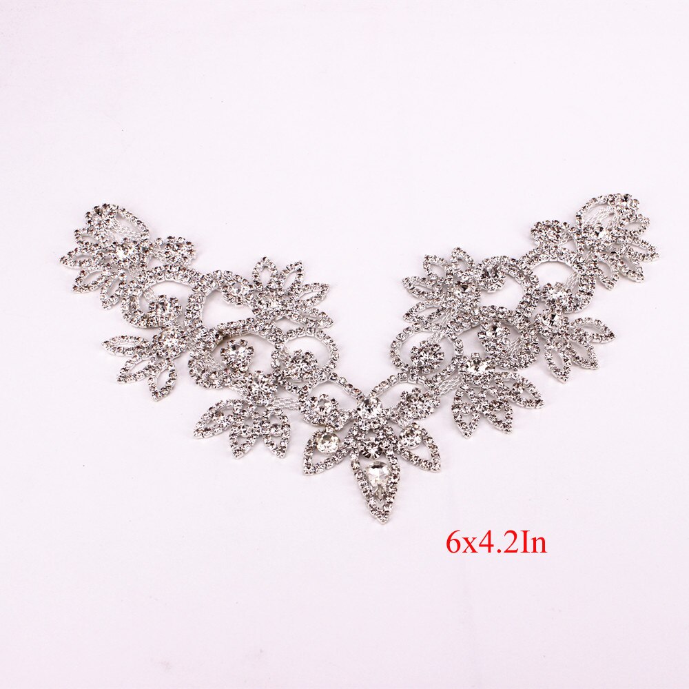 Luxury Handmade Neckline AB Rhinestone Applique Fancy Clothes Flower Applique for Wedding Dress Headband Garter Garment Jewelry: Silver 6x4.2In