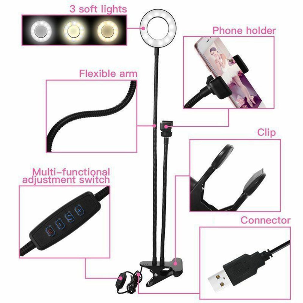 Selfie Flash Ring Licht + Mobiele Telefoon Houder 24 Led Camera Lange Arm Usb Clip Op USB10-Level Helderheid
