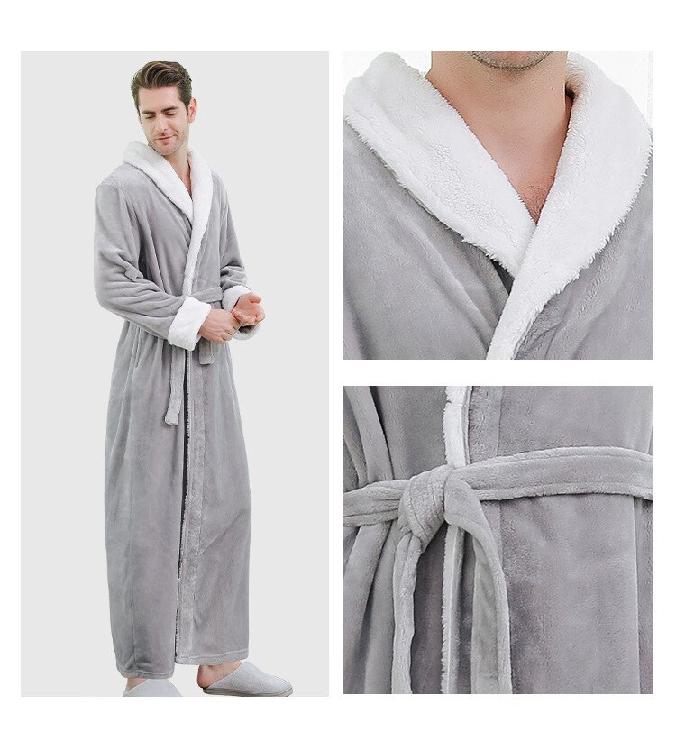 Fdfklak Men's Flannel Bathrobe Winter Long Thick Warm Sleepwear Long Sleeve Dressing Gown Male Casual Home Wear