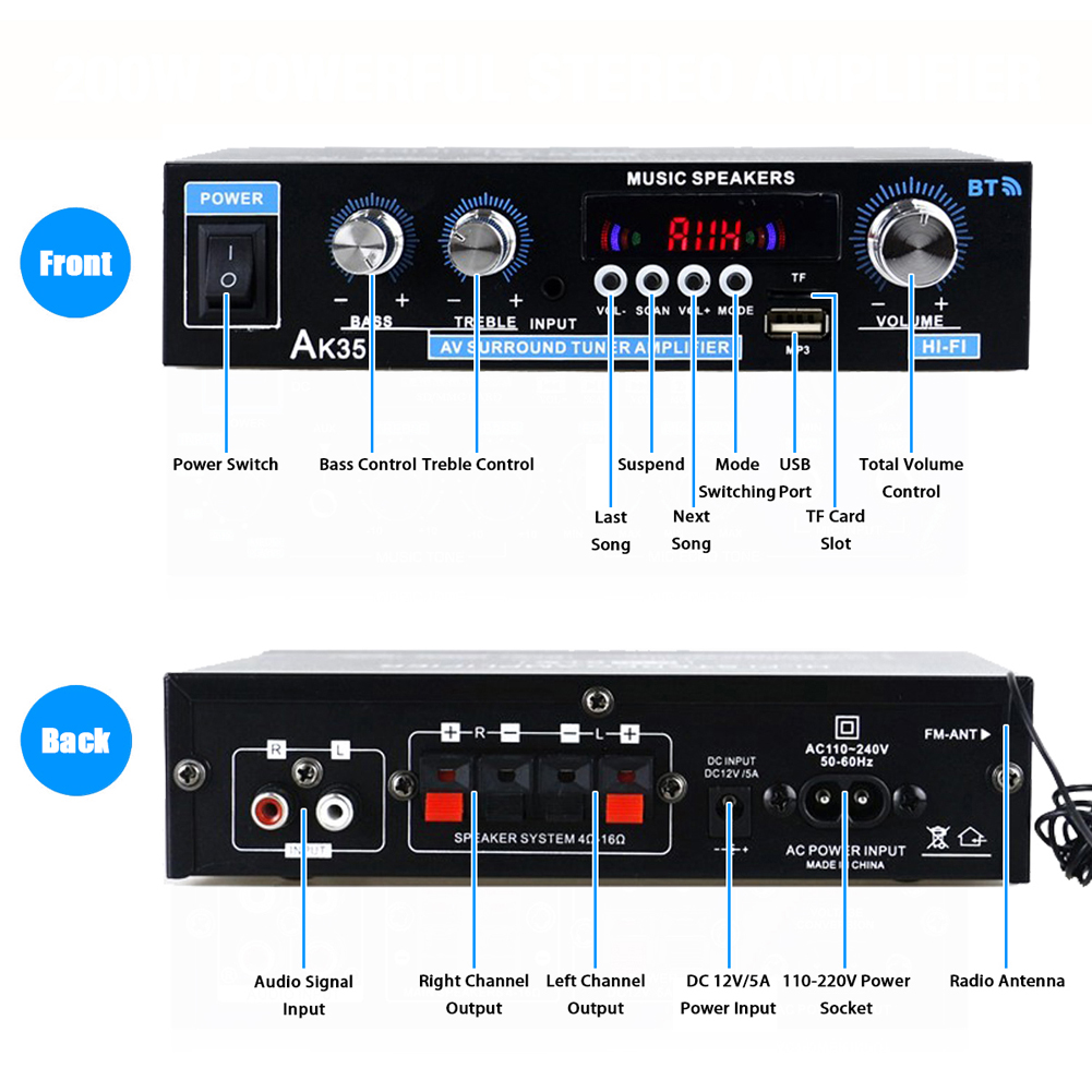 AK35 Stereofoniczny wzmacniacz mocy audio HiFi zgodny z Bluetooth z USB TF RCA AUX In + Remote