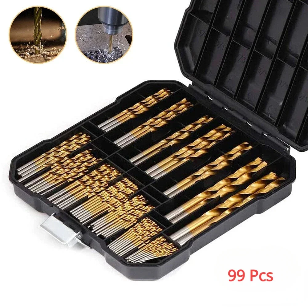 99 Pieces Titanium Twist Drill Bit Set, High Speed Steel, Size from 1/16" Up to 3/8", Ideal Drilling in Wood/Cast Iron Anti-rust