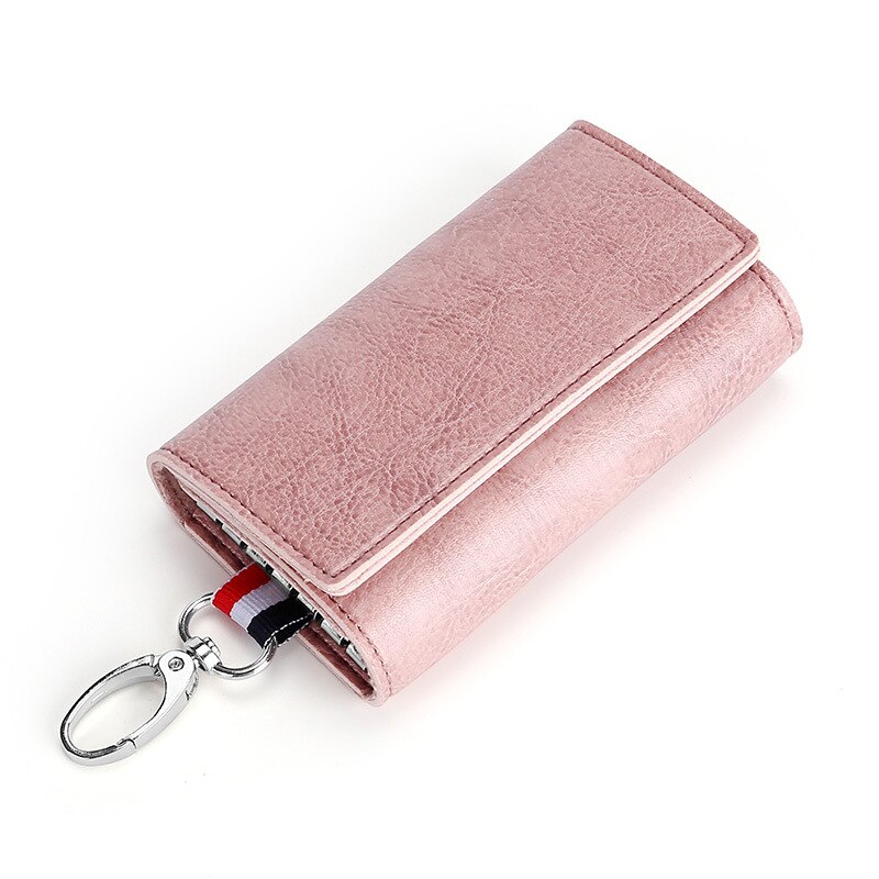 Sydgås mænd kvinder nøgle punge pu læder nøgleorganisator husholdere multifunktions nøgleetui med korttaske: Lyserød