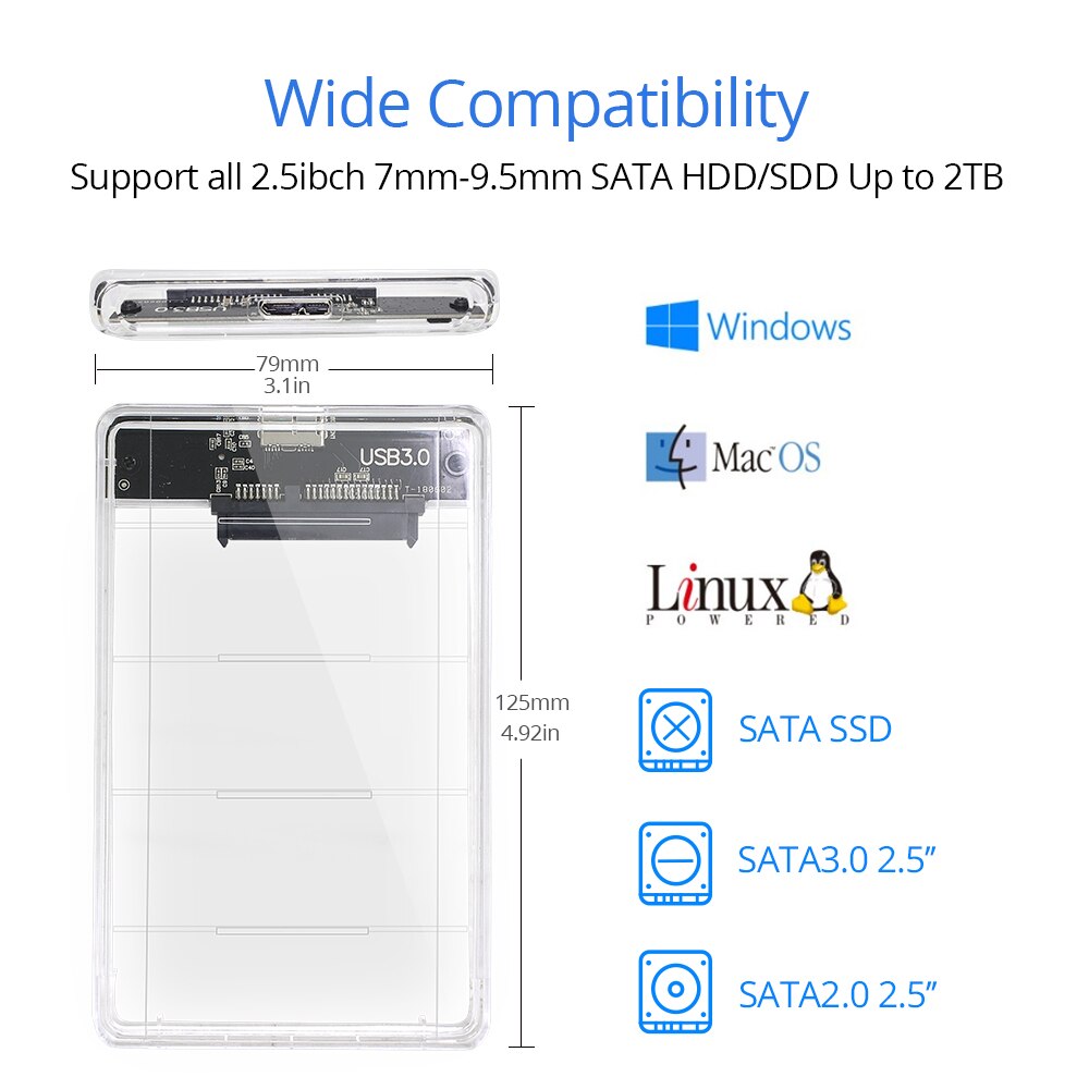 Tishric gennemsigtig 2.5 hdd/ssd etui harddisk kabinet/boks sata til usb 3.0 adapter uasp protokol op  to 2tb harddisk cover