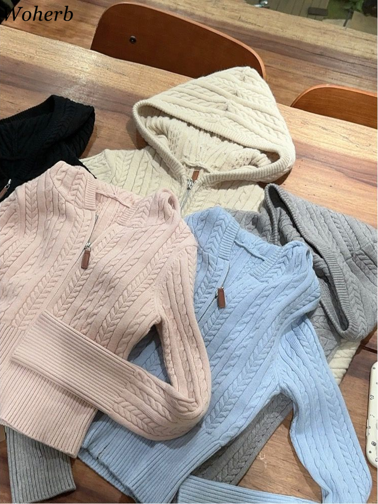 Preppy Style Twist Cardigan Women Autumn Clothing Hooded Sueter Mujer Casual All Match Knitted Solid Sweater Tops Pull Femme