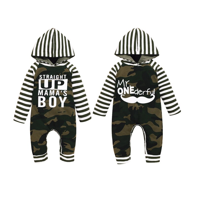 Babyjongens romper met capuchon, gestreepte lange mouwen, kleurblokletters, hoodie, camouflage jumpsuit, eendelig kledingstuk