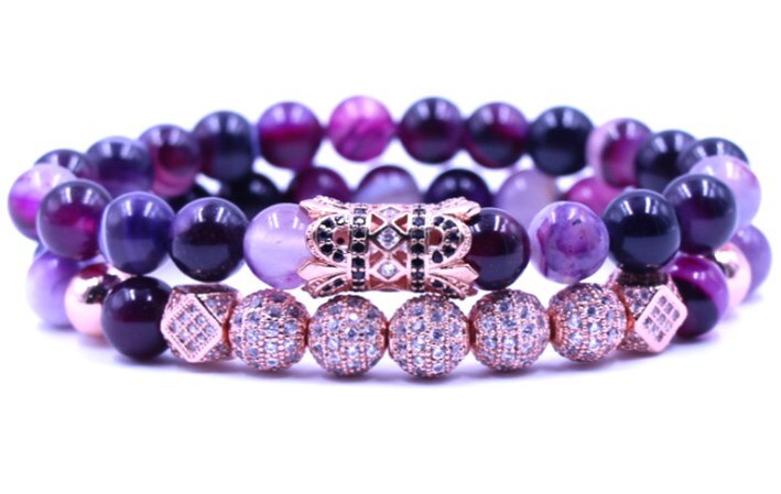8mm 2 stks/set xgfr2432 goud elastische aangepast natuur Paars bead micro pave cz zirkoon zirconia tube Armband Sieraden: 1
