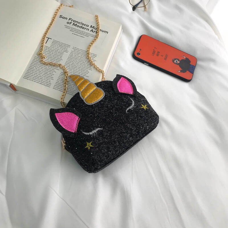 Cadena nueva con dibujos de unicornio para mujer, bolso de una tira de lentejuelas con personalidad, a la , combina con todo,: Negro