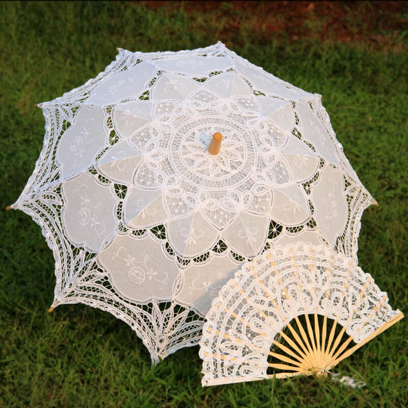 Handgemachte Braut Battenburg Spitze Sonnenschirm und Fan einstellen Hochzeit Braut Regenschirm: A0101 Weiß