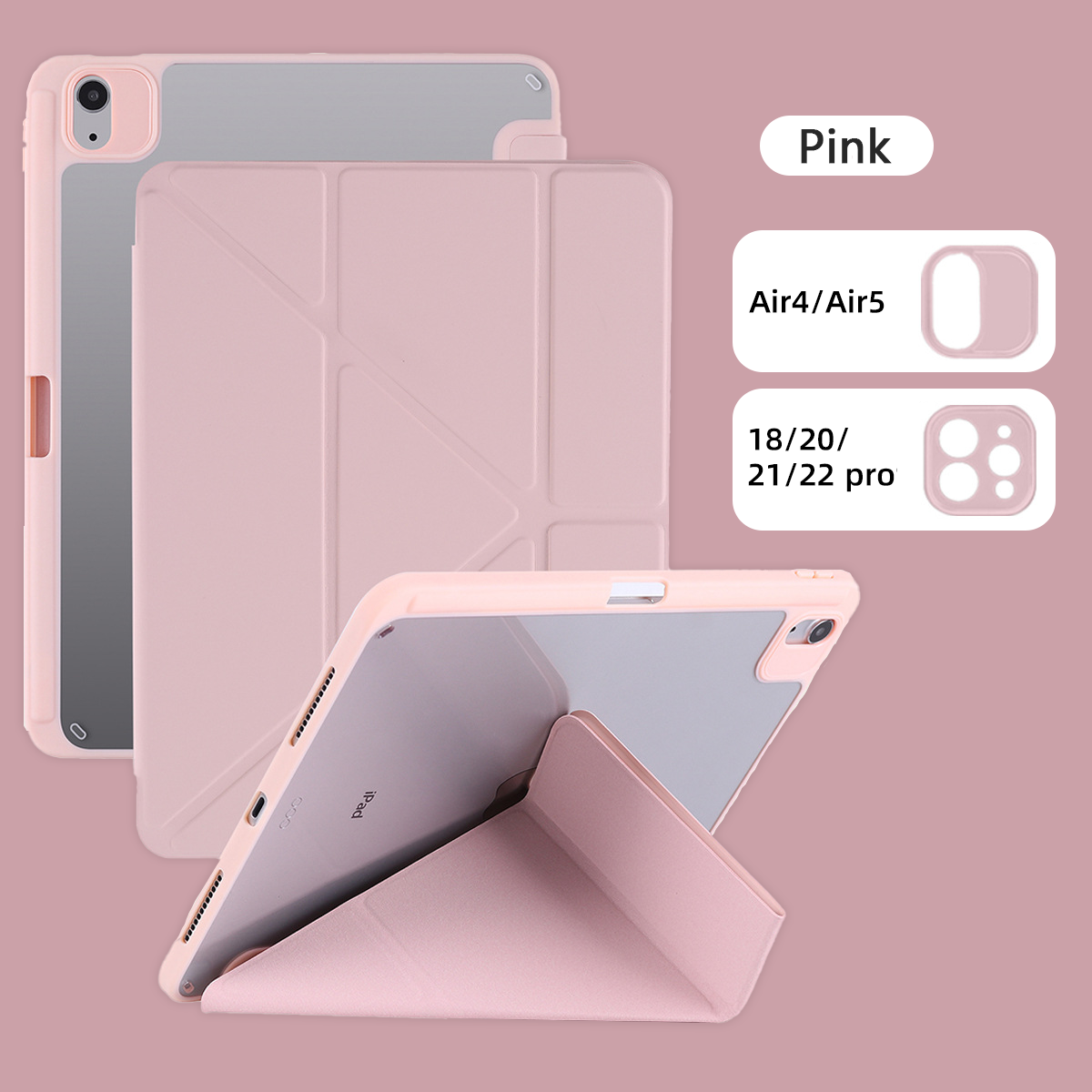 For Ipad 10 Acrylic TPU Y-fold Multifunctional Protective Case For IPad 7 8 9 10.2 Case Tablet Sleeve Pro11 12.9: 6 / Pink