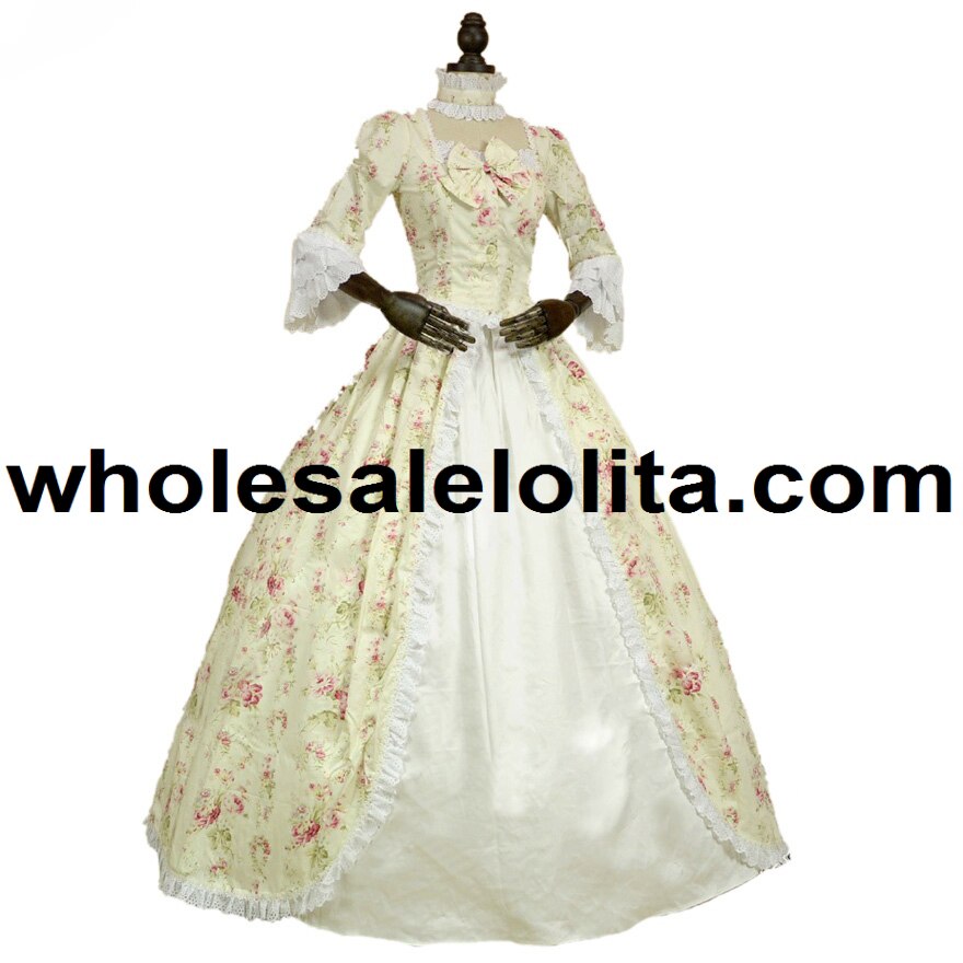 Top Renaissance Colonial Gothic Period Dress Floral Print Gown Reenactment Clothing: XXL