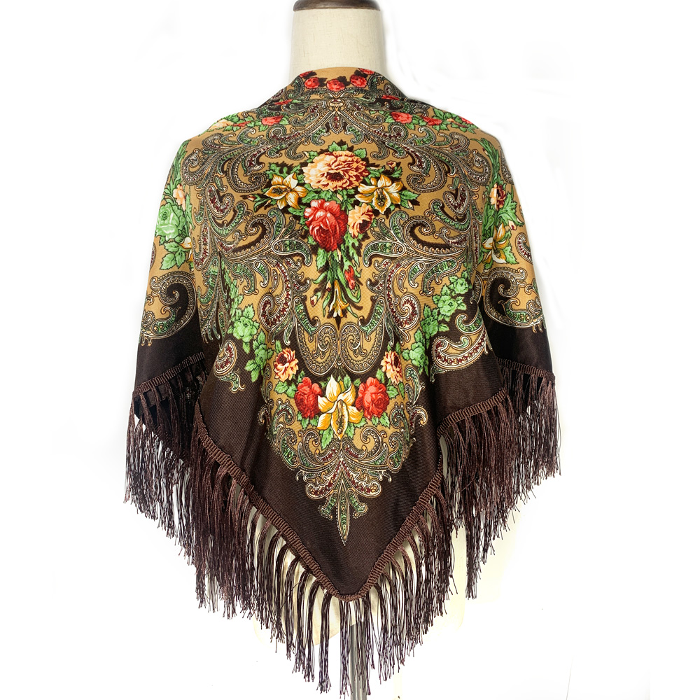 Bufanda rusa de 115x115cm para mujer, Bandana cuadrada con estampado Floral de lujo, chal con flecos ucranianos, pañuelo Babushka, envolturas para la cabeza: Champán