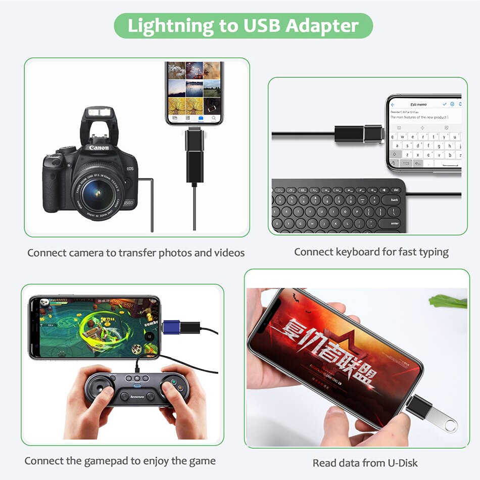 Iphone OTG adaptateur pour iPhone 11X8 7 6 Plus iPad Air Pro Mini pour lecteur Flash USB, souris lecteur de clavier en métal 3.0