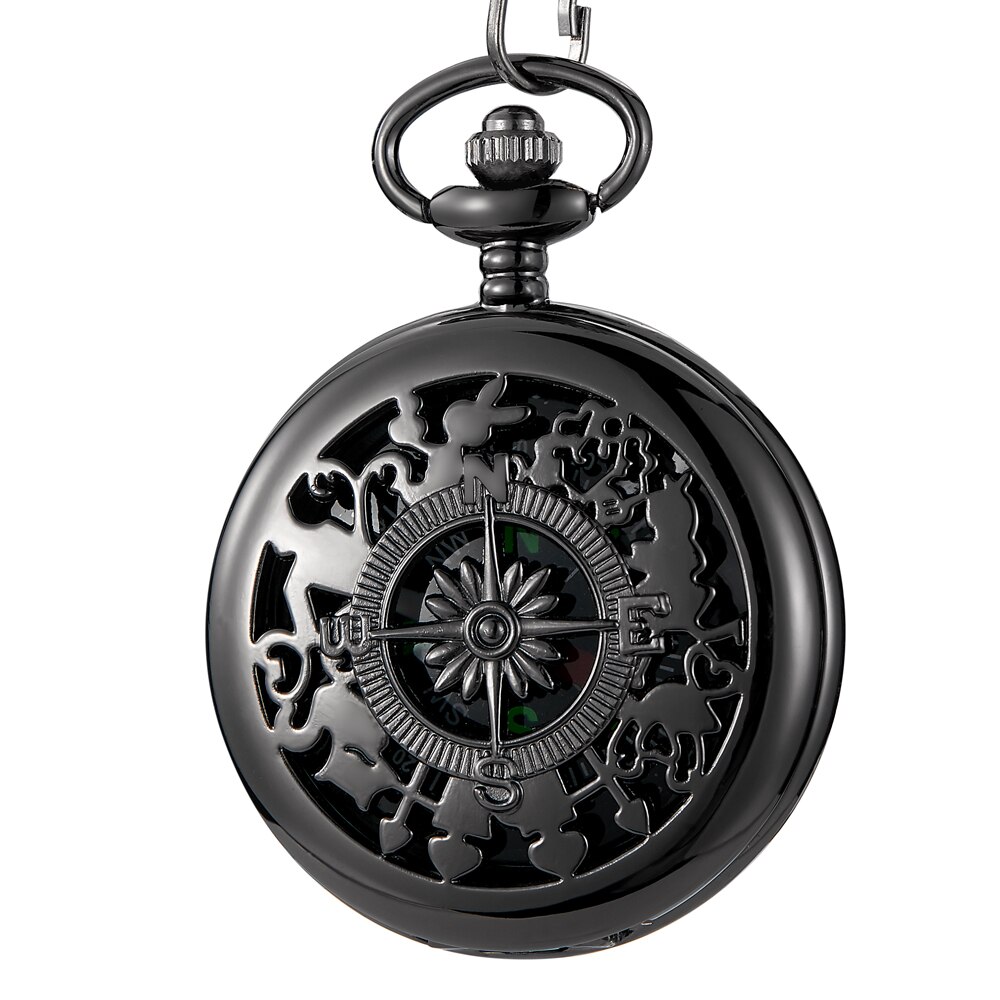 Aankomst Kompas Goud Bruin Retro Hollow Quartz Zakhorloge Fob Hanger Chain: black