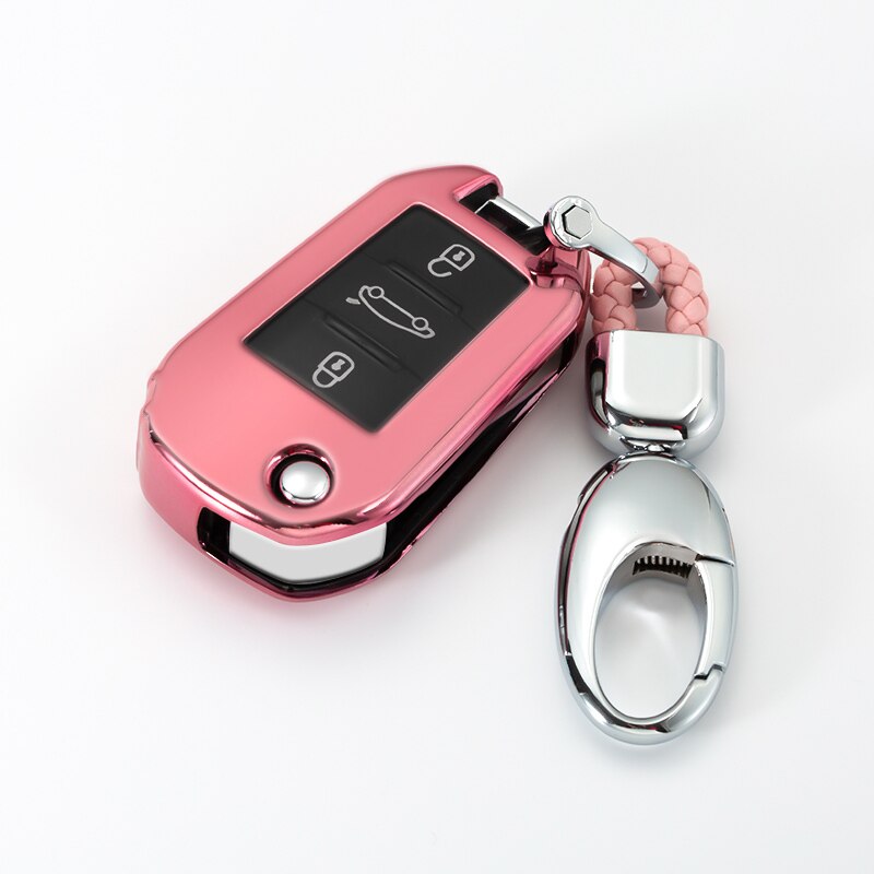 Mjukt tpu bilnyckelhölje fodral + nyckelring fob skal för citroen  c4 cactus  c5 c3 c4l peugeot 508 301302 308 3008 408: Rosa med nyckelring