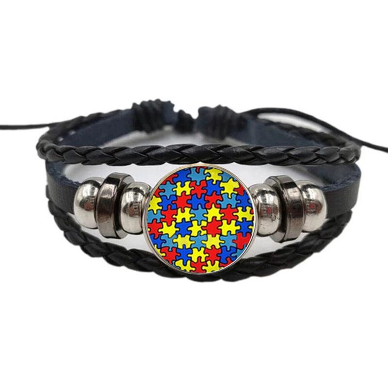 Puzzle Autism Awareness Bracelet Puzzle Ribbon Glass Picture Woven Leather Survival Bracelet Love Hopeful Jewellery