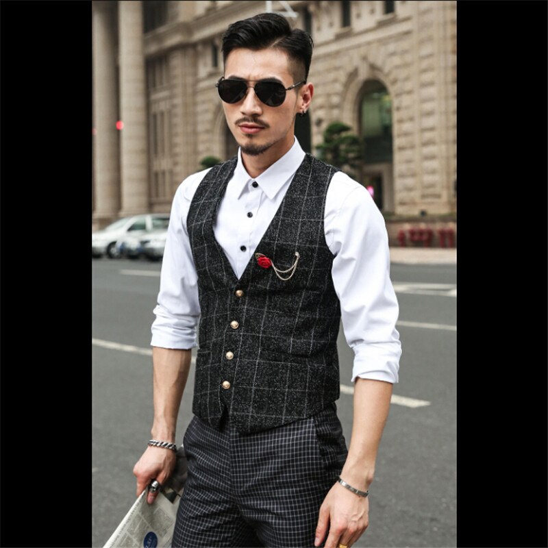 Men Autumn Spring Suit Vest Slim Fit Barber Vest Plaid Male Single Breasted Sleeveless Business Jacket A2843