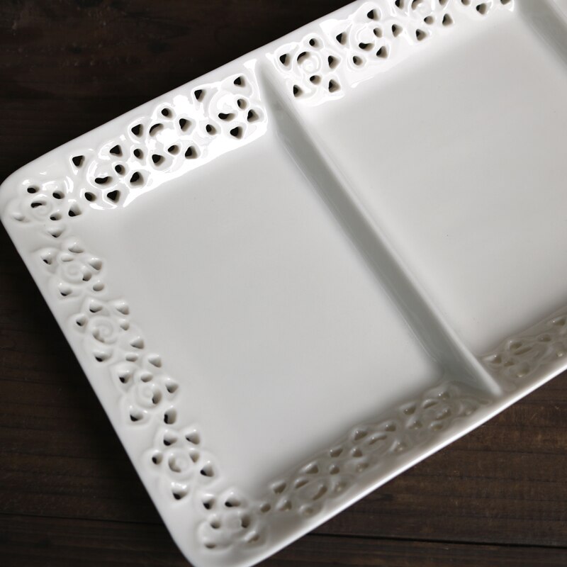 Ceramic Small White Rose Embossed Rectangular Partition Tray/Dessert Tray/ Fruit Tray