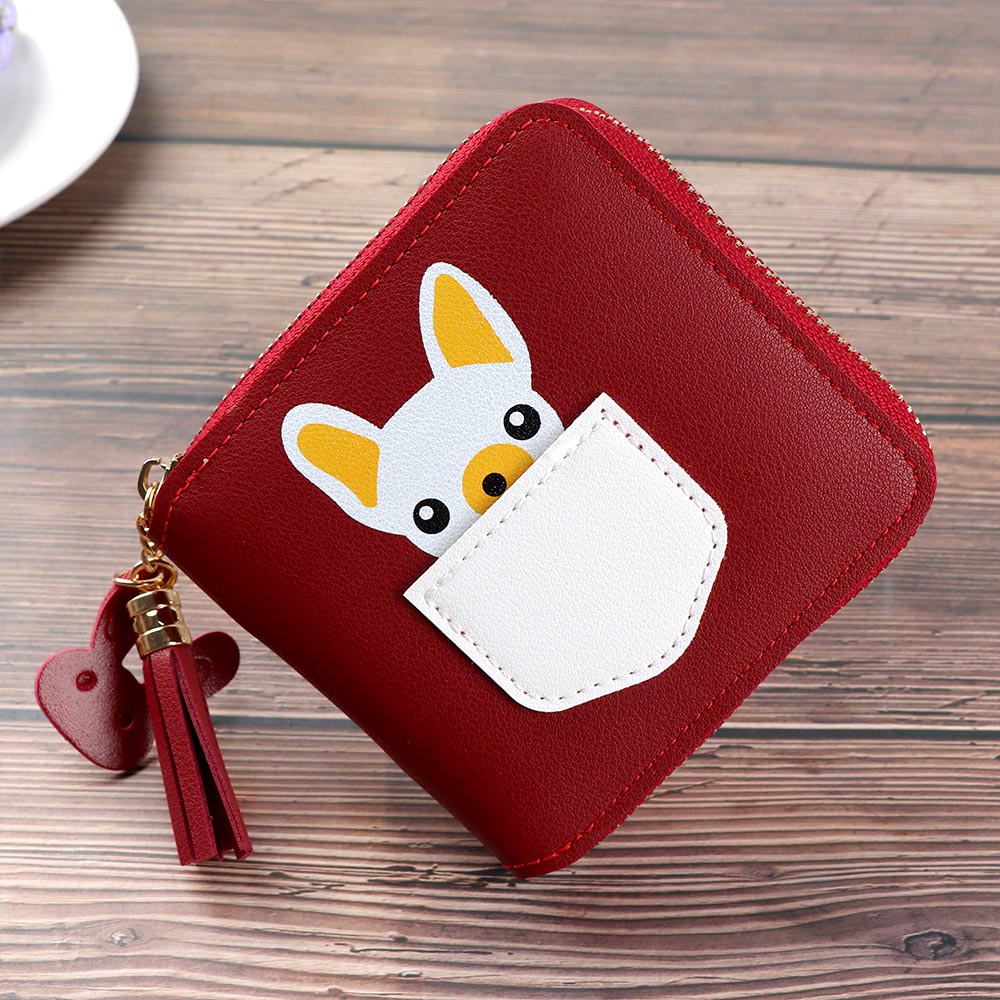 Korte kwastjes dames portemonnees schattige kleine portemonnee cartoon hond dier korte portemonnee met rits rond dames clutch kaarthouder: Rood