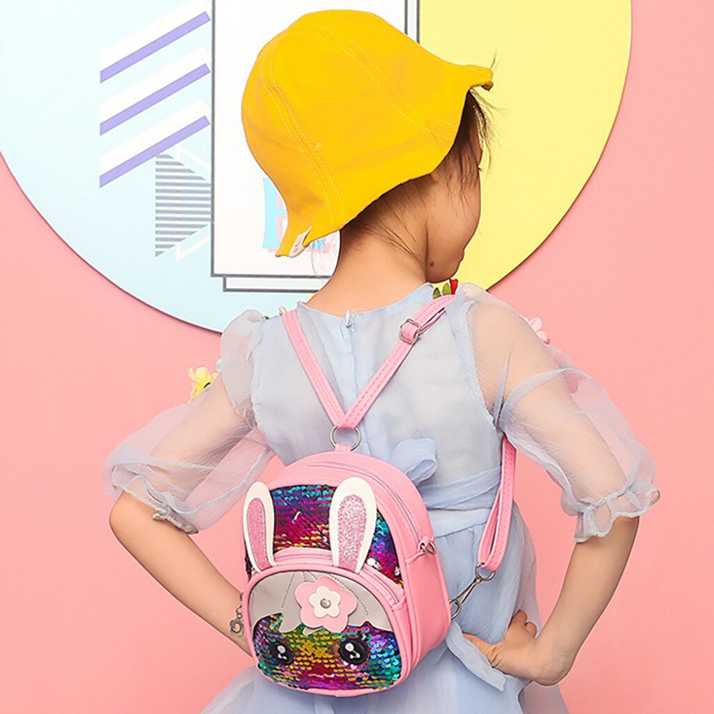 Mini Mochila Crianças Saco de Escola De Couro PU Bonito Da Orelha de Coelho Lantejoulas Mochila Meninas da Escola Primária Saco de Viagem Mochilas mochila: Multicolor 