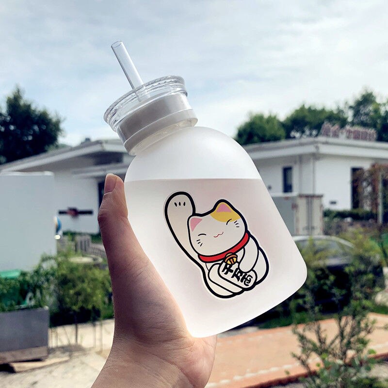 500ml chat chanceux bouteille en plastique sans BPA dessin animé Transparent/givré bouteilles d'eau étanche Drinkware mignon étudiant tasse