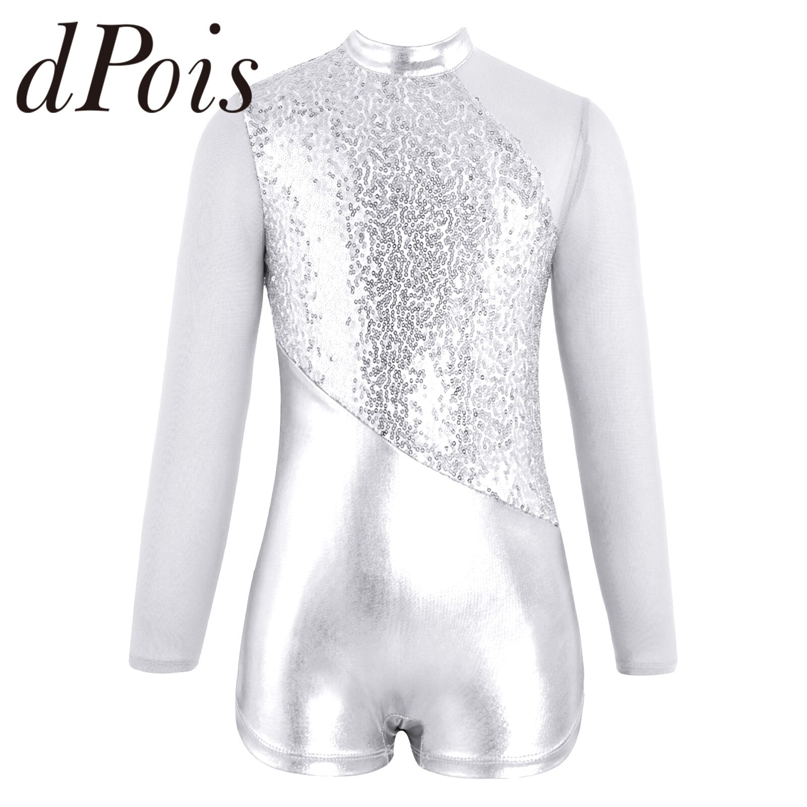 Kids Girls Sparkling Sequins Mesh Splice Metallic Dance Unitatds Long Sleeve Gymnastics Leotard for Girl Children Ballet Leotard