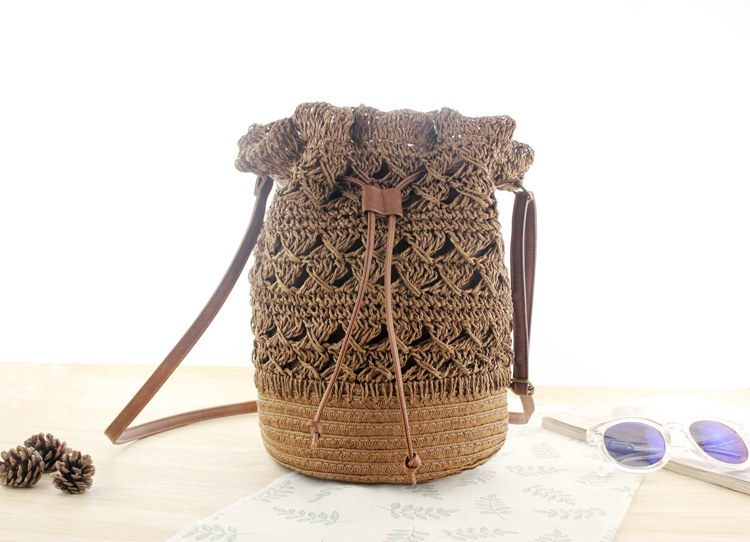 Femmes Vintage décontracté tissé à la main ronde rotin osier paille tissé fourre-tout Papyrus sac à main tricoté seau sac à bandoulière: Bleu marine