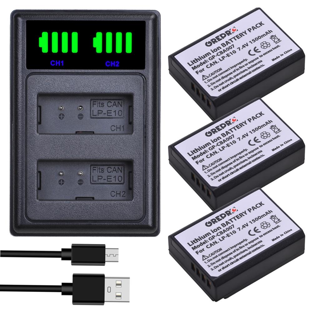 3-Pack LP-E10 LPE10 Battery with LED USB LP E10 Battery Charger for Canon 1100D 1200D 1300D 2000D Kiss X50 X70 Rebel T3 T5: 3B with Charger