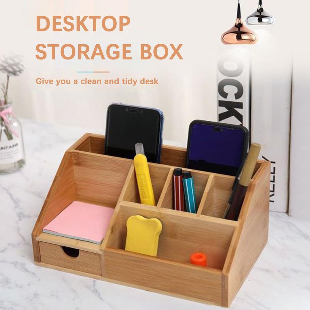 Bamboo Desktop Storage Box Natural Wooden Office Pen Holder Multifunction Stationery Splicing Pencil Cosmetic Desk Organizer