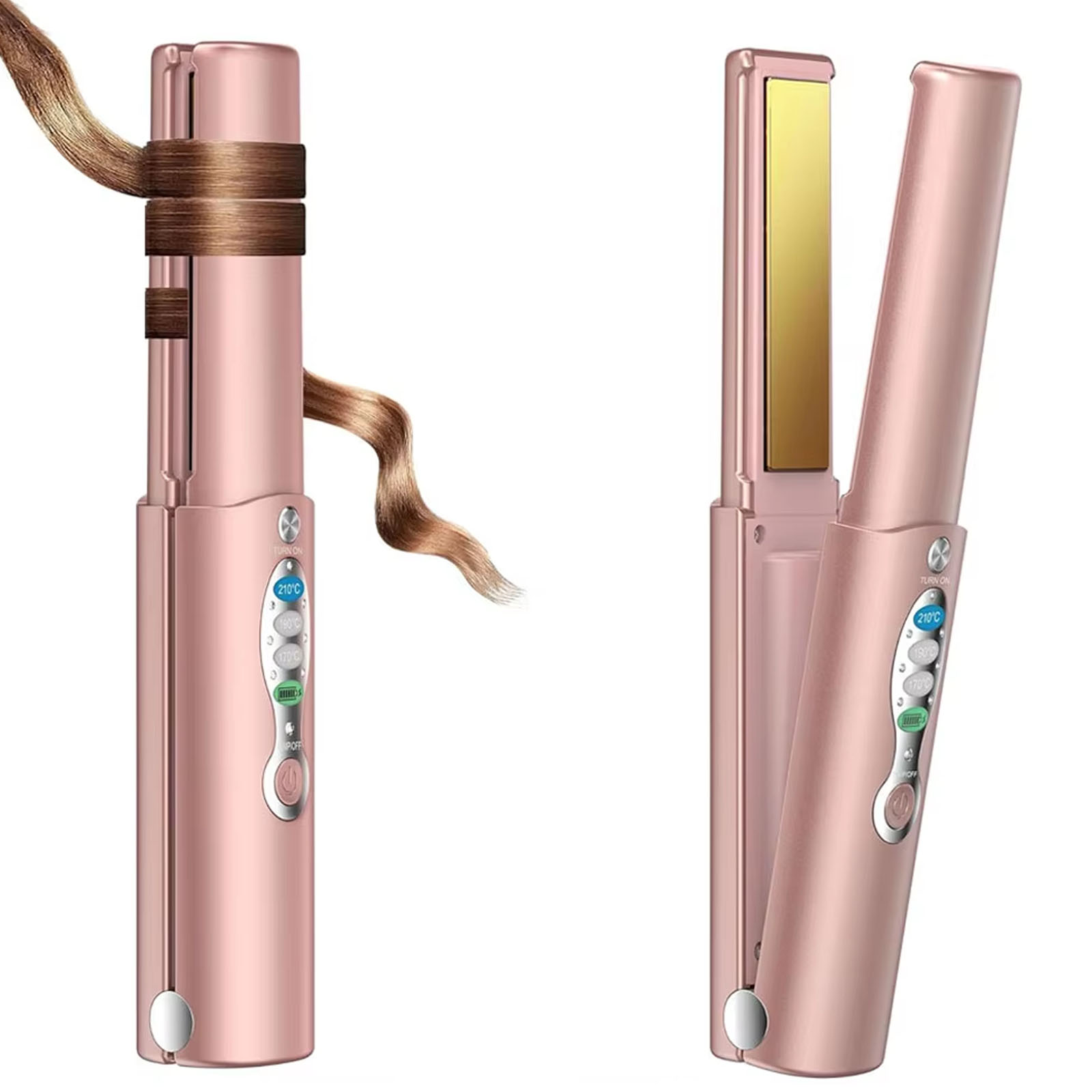Kabelloser Haarglätter, 2-in-1, zum Glätten von Locken, Reise-Glätteisen, Dual-Voltage, 5000 mAh Akku, erhitzt in Sekunden: Rose Gold