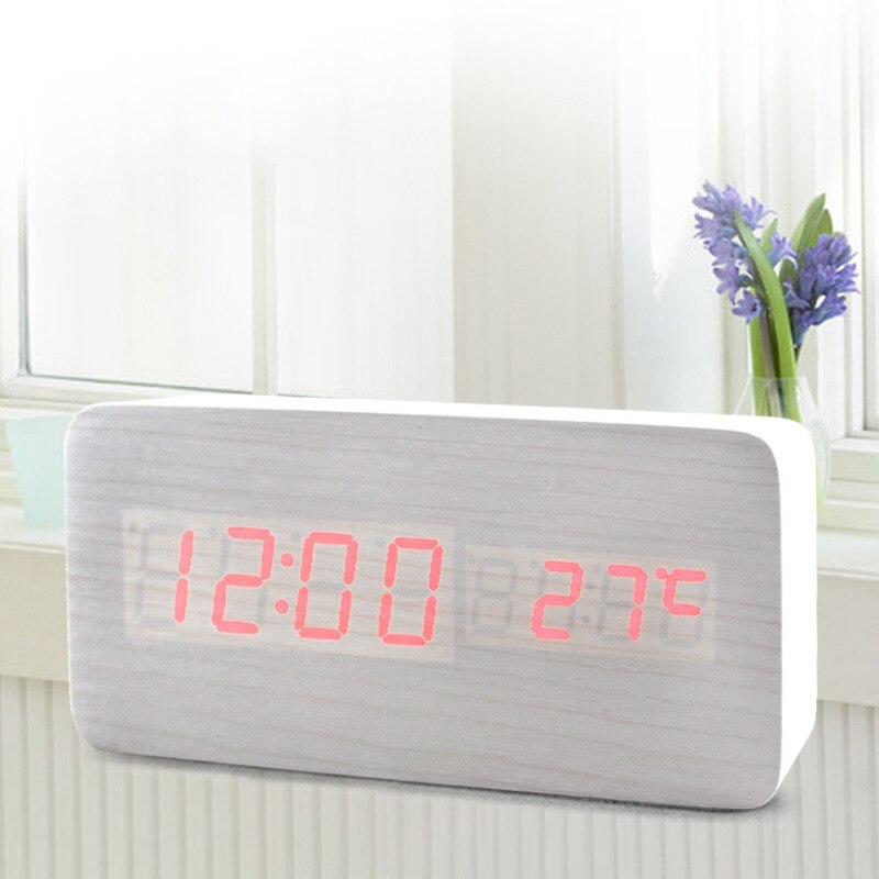 Led älykäs ääniohjaus herätyskello lämpömittarilla, puinen puinen kello, digitaalinen kello, elektroninen kello ja hinta: Valkoinen punainen valo
