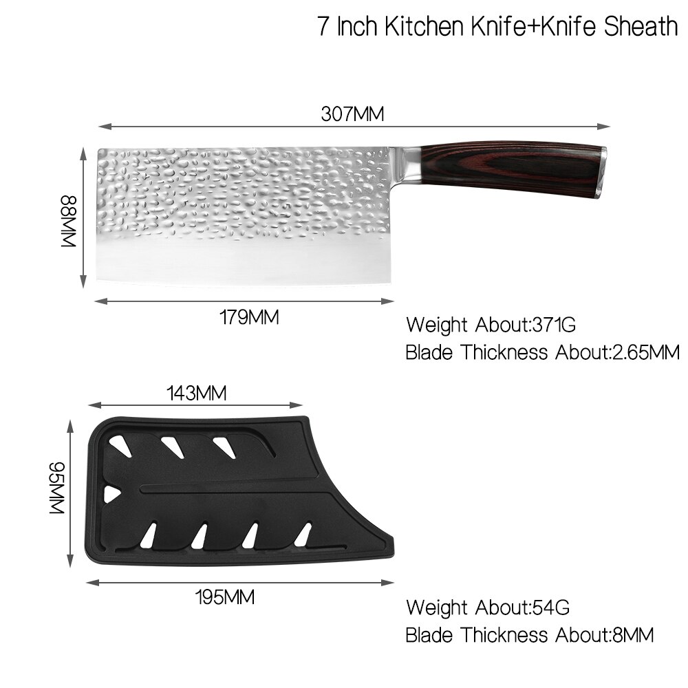 XYj 4 Pcs Forged Kitchen Knives Set 7cr17 Stainless Steel Blade Color Wood Handle Nakiri Cleaver Chef Knife Sheath Cover: B 7 inch Chopping