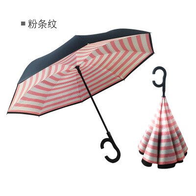 Paraguas para hombre y mujer, sombrilla con mango en C, a prueba de viento, Anti UV invertida, para sol y lluvia: pink strip