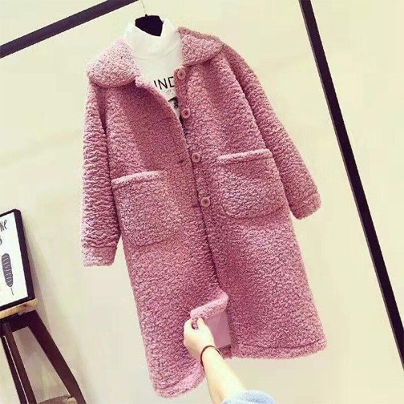 Faux Lamb Wool Warm Winter Coat Women Long Jackets Solid Turn-down Collar Single Breasted Pockets Korean Loose: pink / XXL