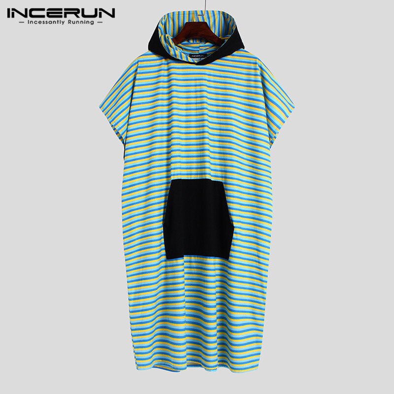 Man Patchwork Slaap Gewaden Mens Casual Badjassen Korte Mouw Hooded Nachtjapon Leisure Zakken Ademend Homewear Incerun S-5XL