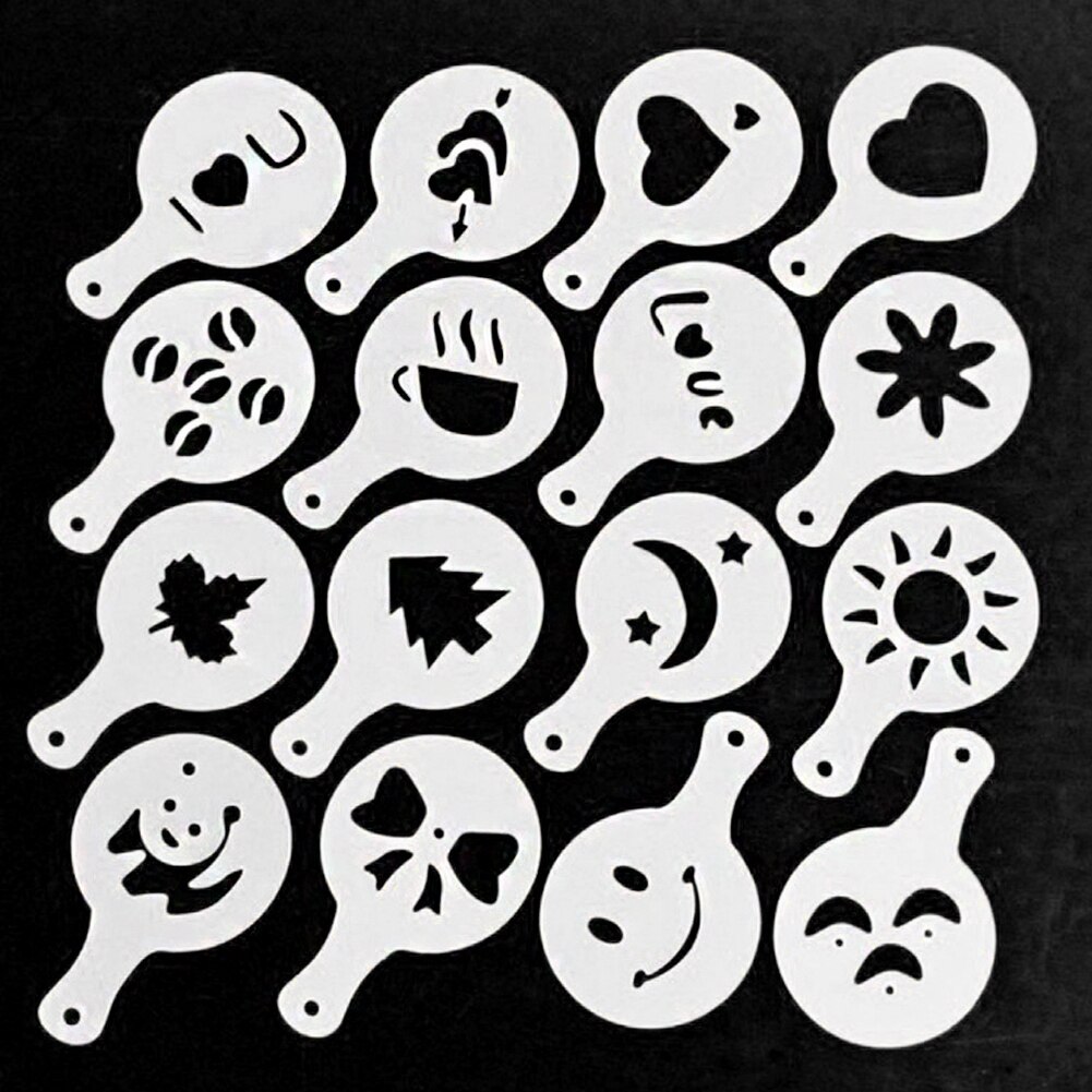 Mold Fancy Coffee Printing Model Foam Spray Cake Stencils Powdered Sugar Chocolate Cocoa Coffee Printing Assembly Kitchen Tools: 16Pcs
