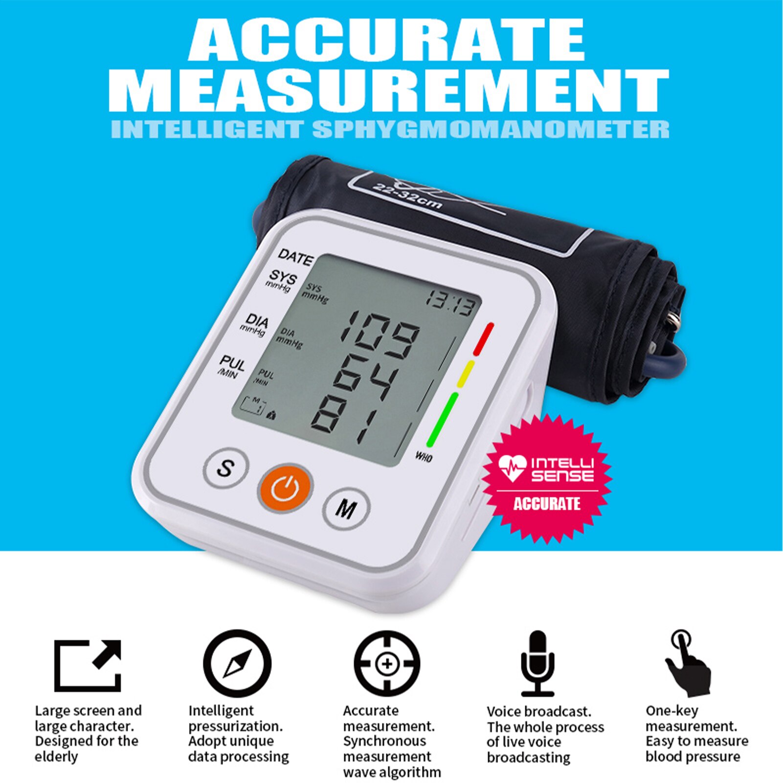 Portable Home Arm Band Sphygmomanometer Blood Pressure Monitor Tonometer Accurate Measurement Blood Pressure Voice Broadcast