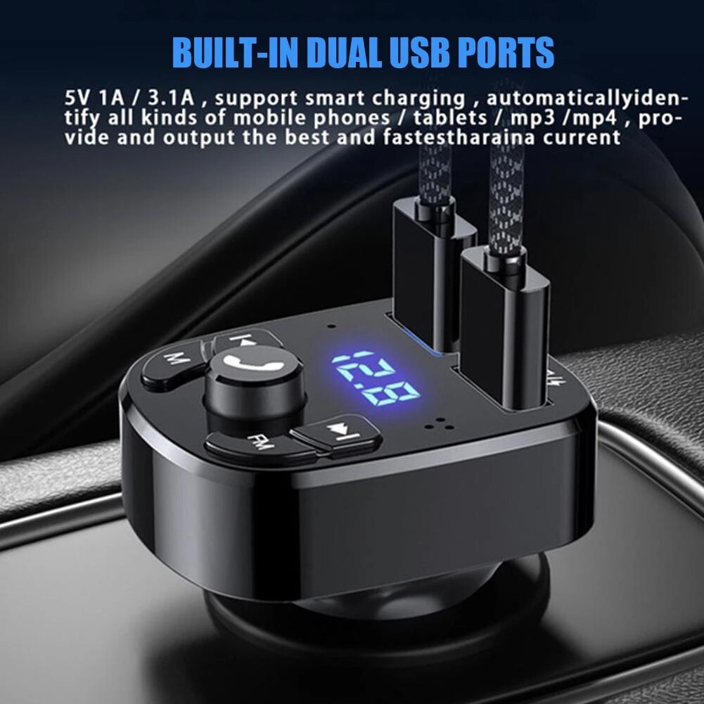 Auto-freisprecheinrichtung mit 5.0 fm sendern, bluetooth-kompatibel,  mp3 modulatoren, freisprech-audioempfängern und 2 usb-schnellladegeräten