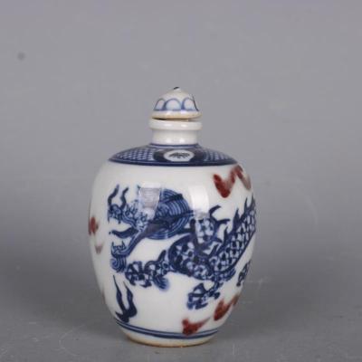 Exquisite Antiek Porselein Blauw En Wit Onderglazuur Rode Draak Patroon Snuff Fles Woondecoratie