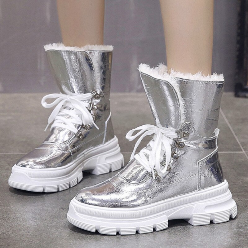 Shiny Winter Boots Women Snow Boots Female White Ladies Shoes Plush Waterproof Shoes Woman Keep Warm Shoes I5-51