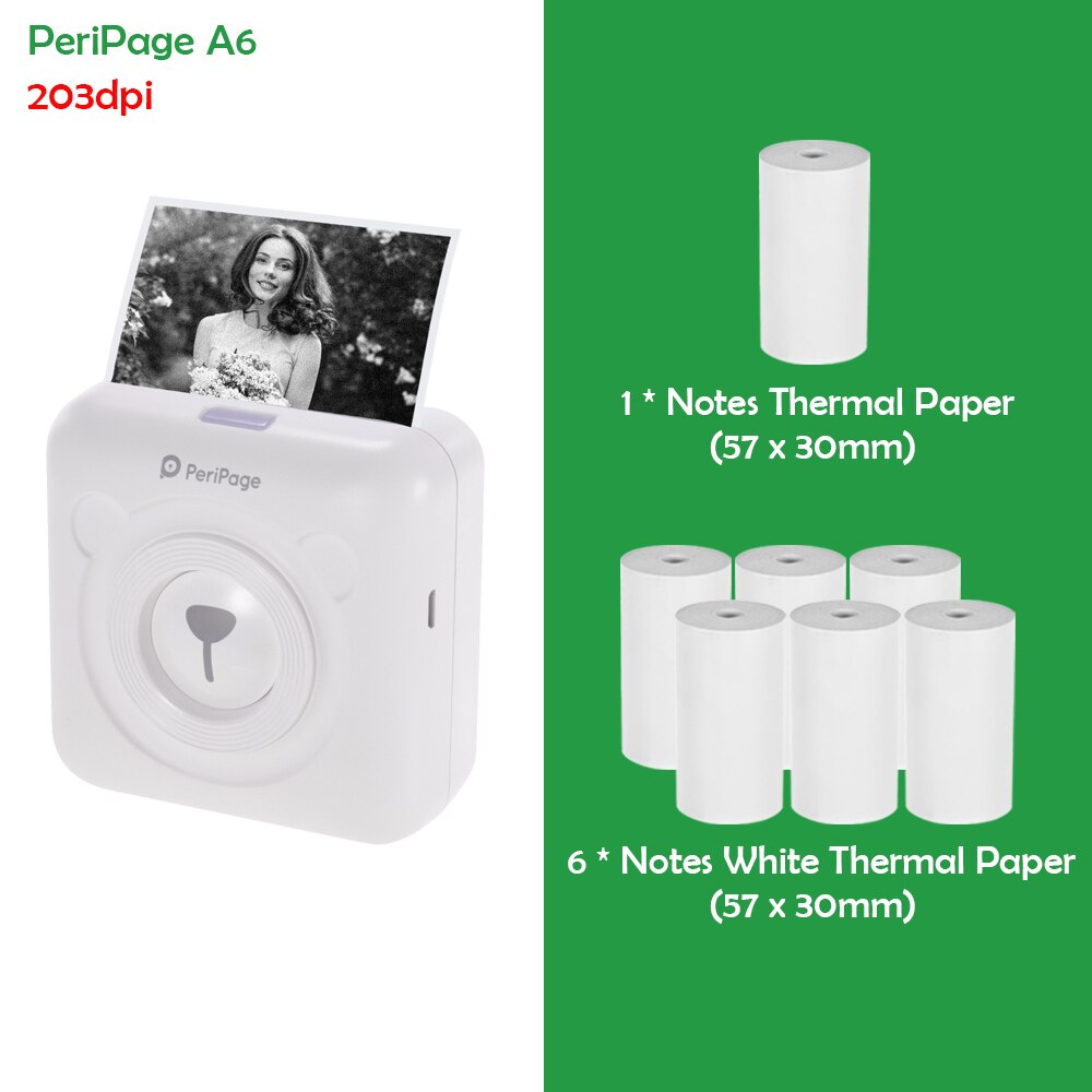 Stampante termica portatile Peripage A6 mini stampante termica tascabile per foto in carta da 203DPI stampante Bluetooth senza fili da 58mm: bianca impostato 3