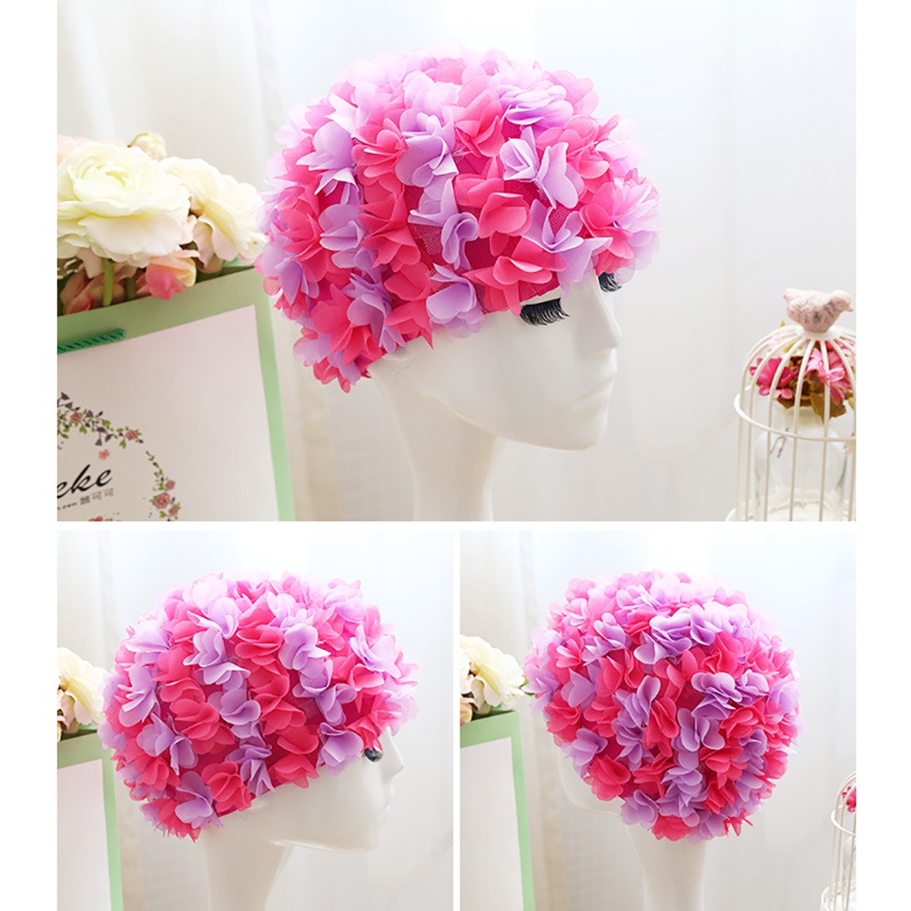 Cuffia da nuoto a fiori da donna confortevole cappello da piscina traspirante petali tridimensionali elastico più fascia per capelli 3D