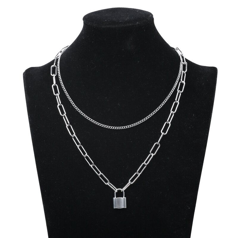 Collier pour femmes, pendentif avec chaîne à maillons en acier inoxydable, sur le cou, chaînes Punk, ras du cou, bijoux gothiques, esthétique: Lock Pendant-2