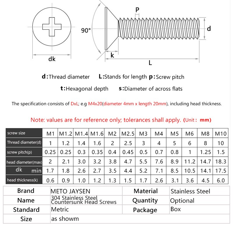 304 Stainless Steel Phillips Countersunk Screws Flat Head Screw M5 Cross Recessed Bolt Length 6mm-70mm