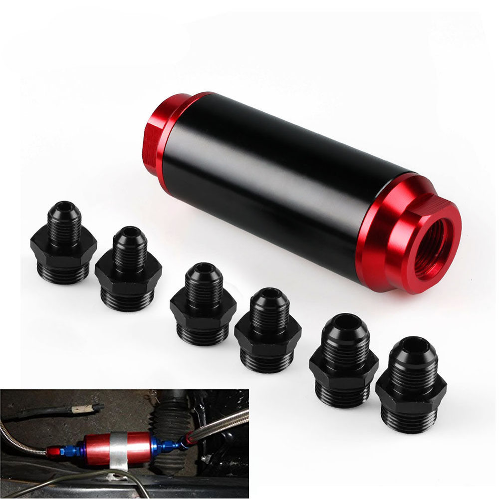 40Micron Universal Car Racing In-Line Fuel Filter System With AN6AN8 AN10 Fitting Adapter Black
