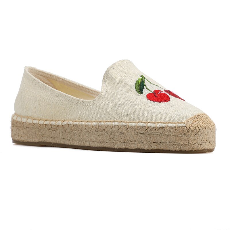 DZYM Zomer Cherry Borduren Vrouwen Visser Schoenen Stro-geweven Loafers Vlas Flats Leisure Linnen Vlas Dame Canvas Espadrilles