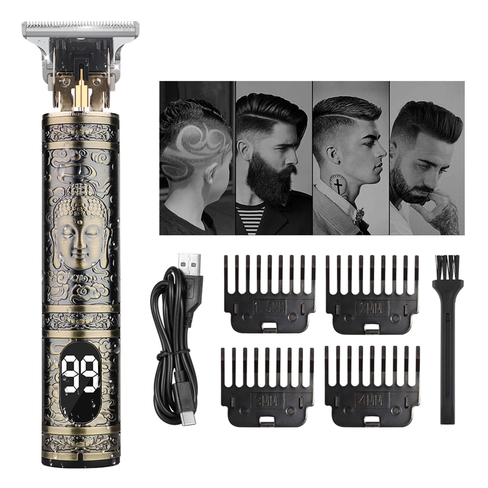Cortadora de pelo Vintage T9 para barbería, Máquina para cortar cabello, cortadora eléctrica, cortadora de pelo led, afeitadora de barba tallada de dragón: Negro